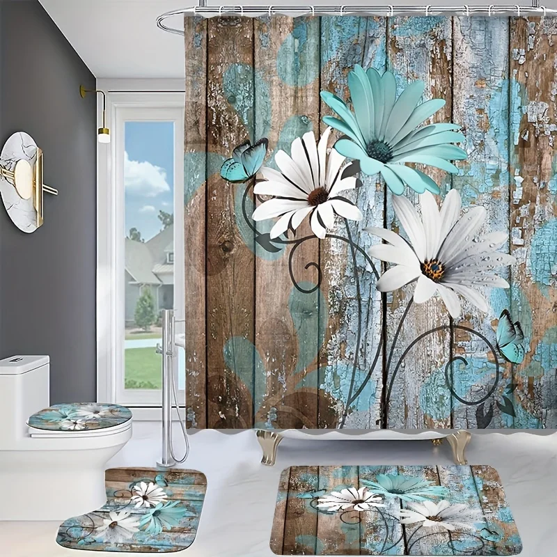 Daisy Wooden Board Printed Shower Curtain Set Waterproof Bathroom Partition Curtain With Hooks