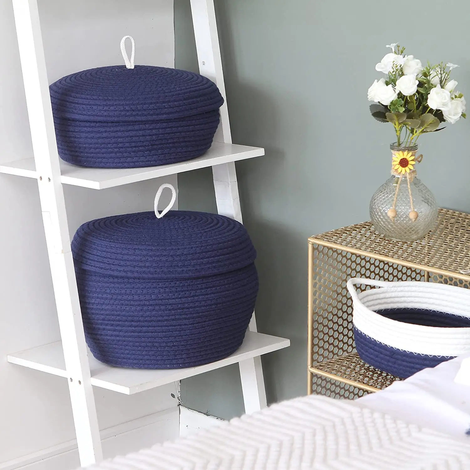 QJMAX Collapsible Decorative Woven Round Cotton Rope Storage Basket With Lid