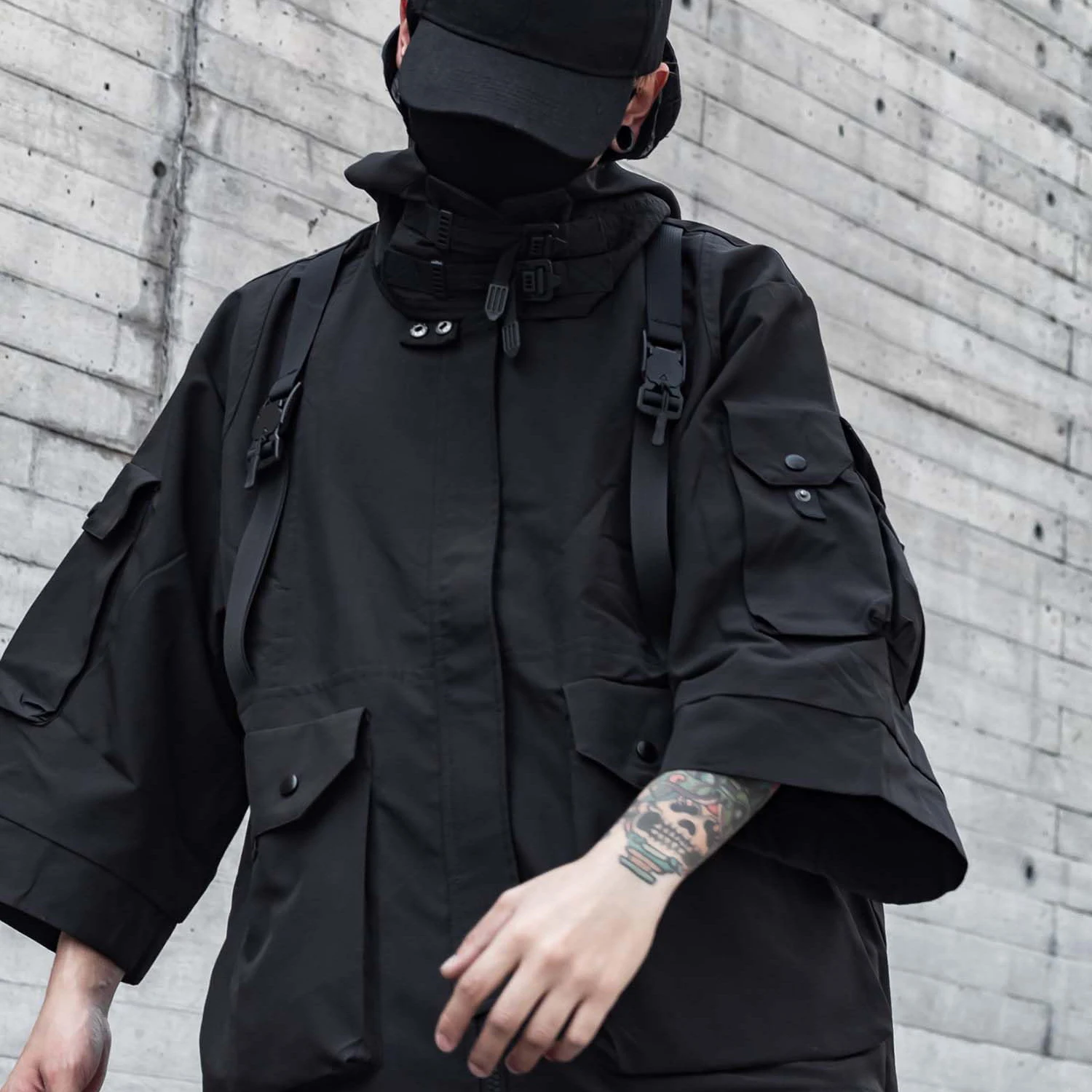 punk style Multi pocket Mens Punk Hooded Streetwear custom logo Windbreaker Jacket Black Techwear Buckled Zip Cargo Jacket