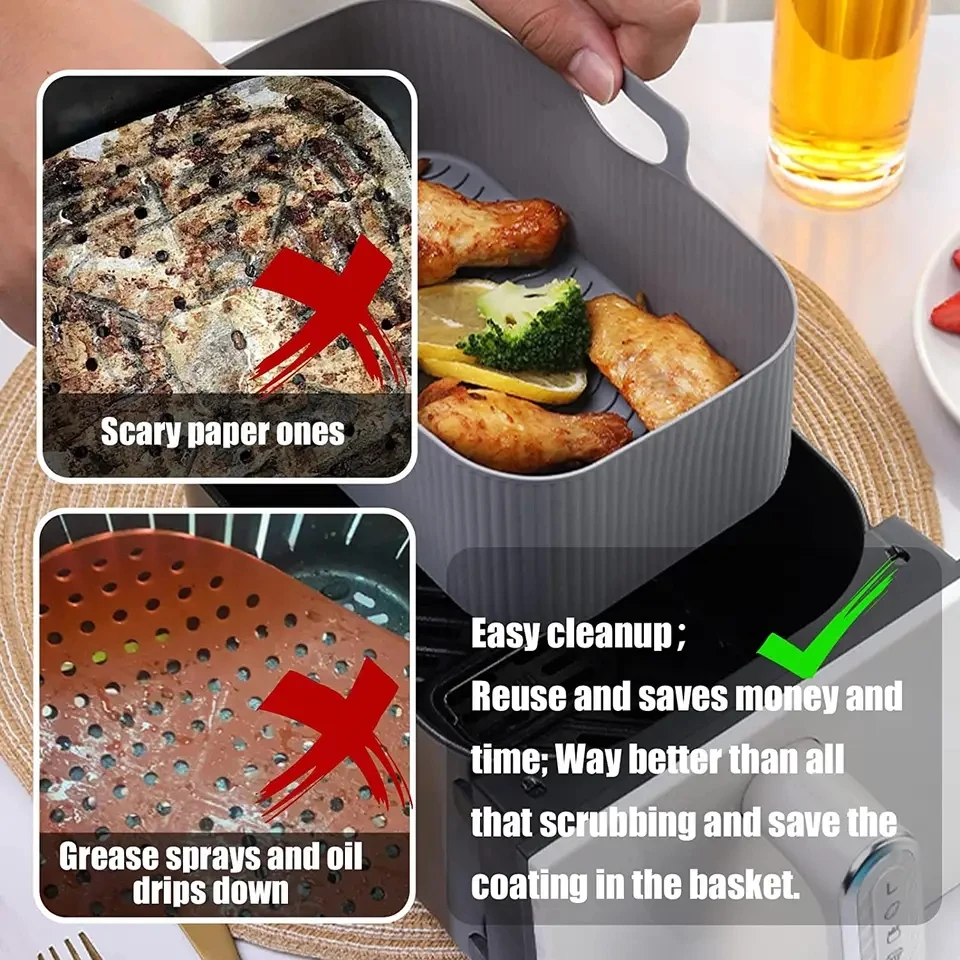Associate Silicone Liners Rectangular Air Fryer Dual Baskets,Basket Airfryer Rectangle Silicone Pot Reusable Baking Tray