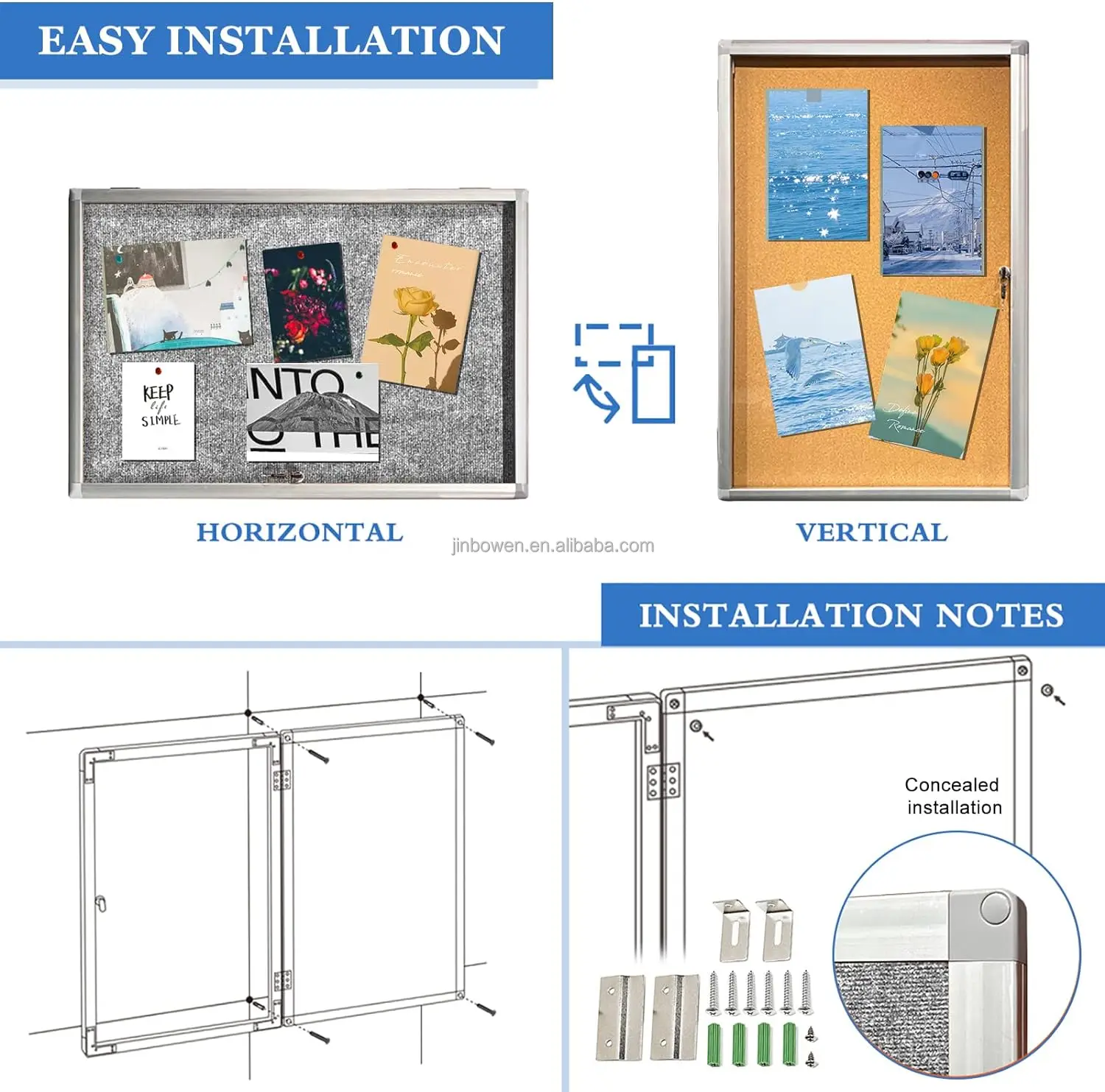 KBW 36x24 inch School Office Hotel Enclosed Bulletin Pin Fabric Boards Tamperproof Notice Case for Message Memo Photo Grey