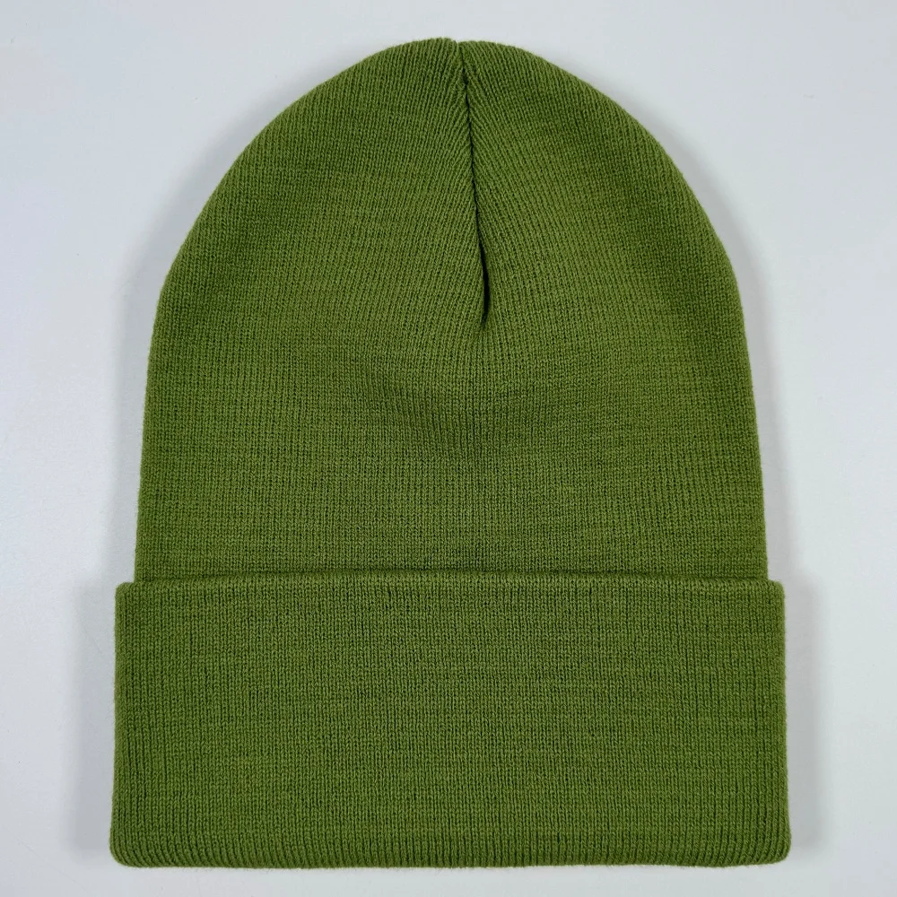 OEM Wholesales fashion green unisex 100% acrylic plain cuff knit winter hat logo custom blank beanie with woven label