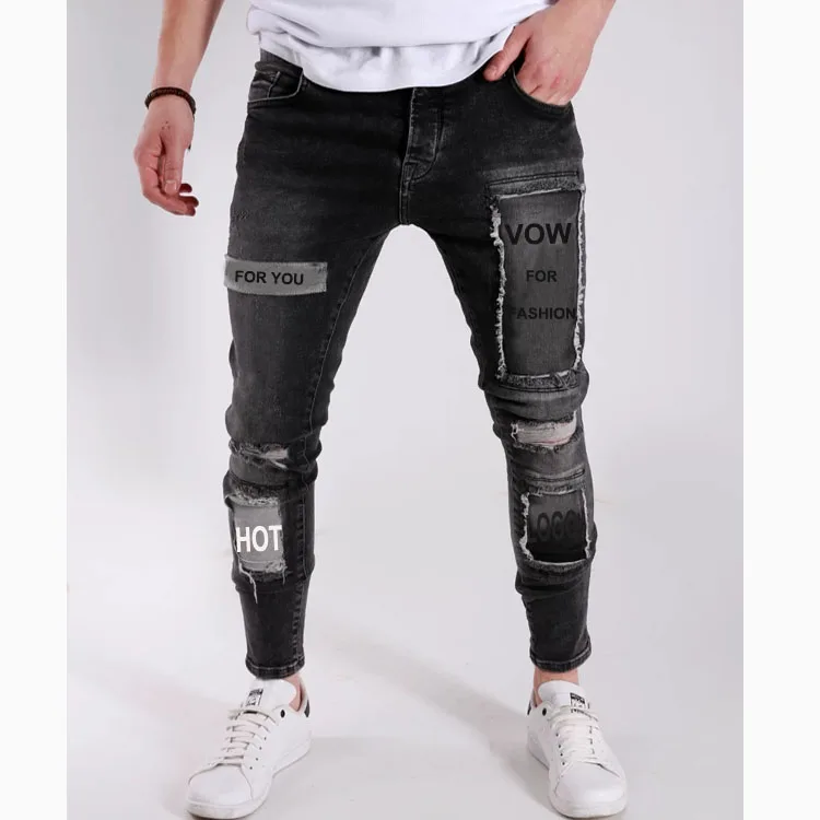 Fancy New Fashion Street Style Super Skinny With the Custom logo Printing Patch on the Hole Ripped Men Jeans