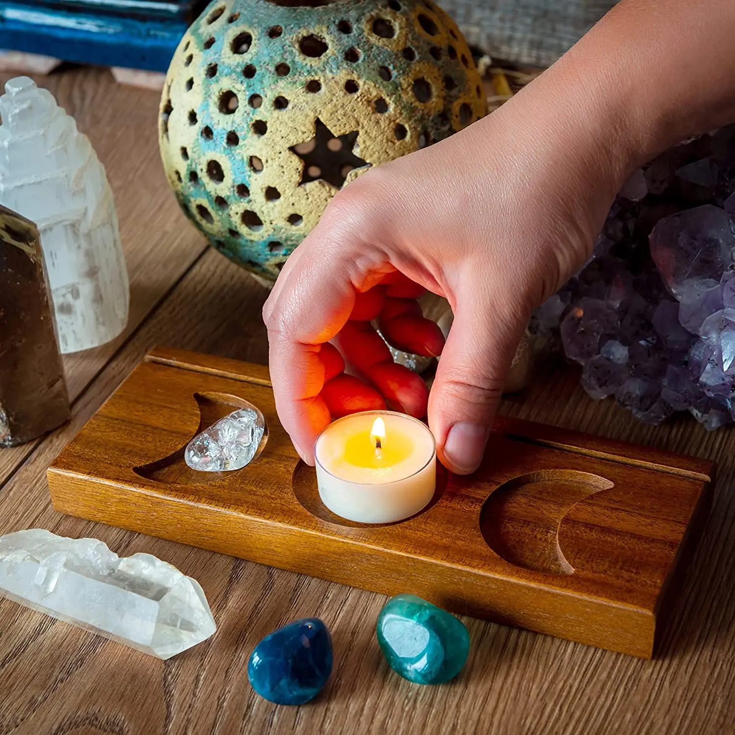 factory wicca witchy divination room decor crystal display triple moon ta rot card stand wooden altar candle holder accessories