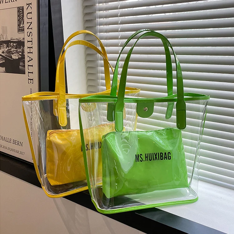 Reasuble Eco Large Waterproof Vinyl Jelly Clear Shopping Handbag Custom Transparent Neon Plastic PVC Tote Beach Bag
