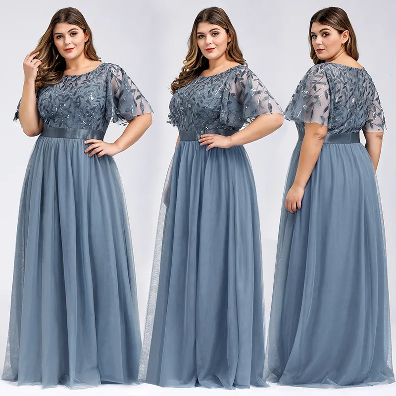 Ever-pretty Plus Size Elegant Boat Neck Sequin Mesh Evening Bridesmaid Dresses