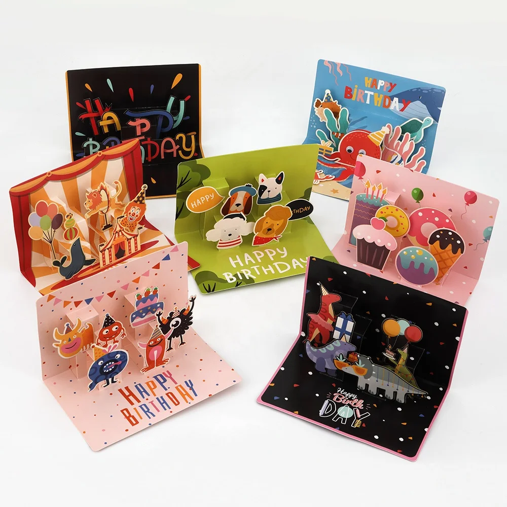 Custom Printing Funny Handmade Paper Happy Birthday 3D Pop Up Greeting Cards with Envelopes
