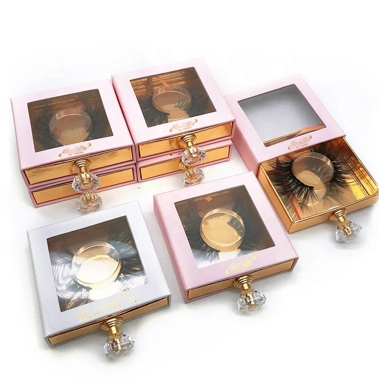 
Elegant luxury rose golden paper slide drawer eyelash box packaging with clear cover PVC window pull out package case 