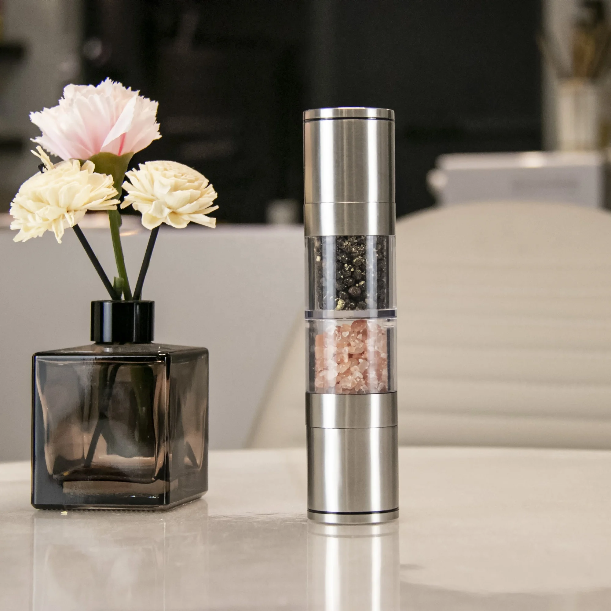 Low MOQ 2021 New Mini  BBQ Tools Stainless Steel Manual Salt Pepper Mill 2 In 1 With Adjustable Mechanism