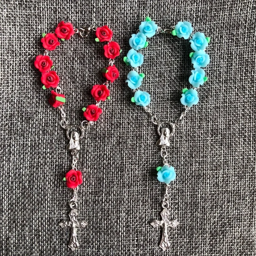 Candy bright color Soft Ceramic beads rose rosary bracelet, soft clay beads denary, baptism gift