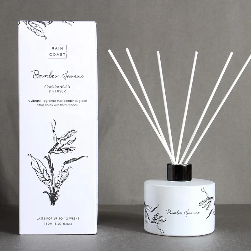 RAINCOAST OEM 150ML Reed Diffuser Bamboo and Jasmine Diffuser with White Bottle and Natural Reeds