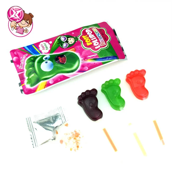 Foot Shape Sweet Fluorescence Glow Stick Hard Lollipop Candy With Popping Candy