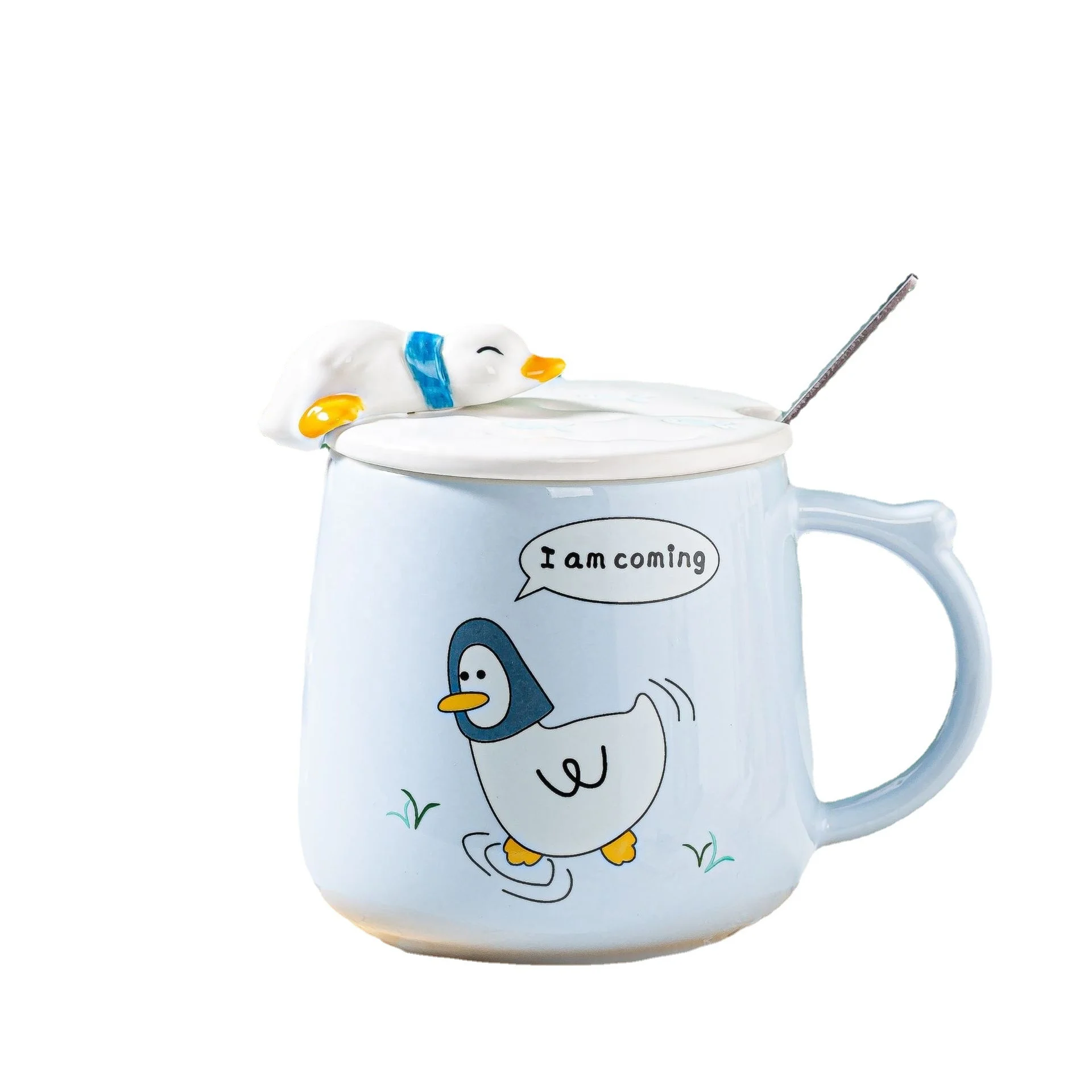 Hot Selling Cute Lovely Chinese Lazy Duck Ceramic Coffee Ducky mugs cups with Lid And Spoon