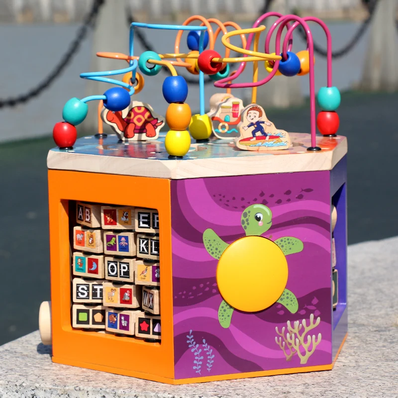 Multifunction Ocean Musical Six Sides Wooden Bead Maze Children Intelligence Learning Educational Cube Toy