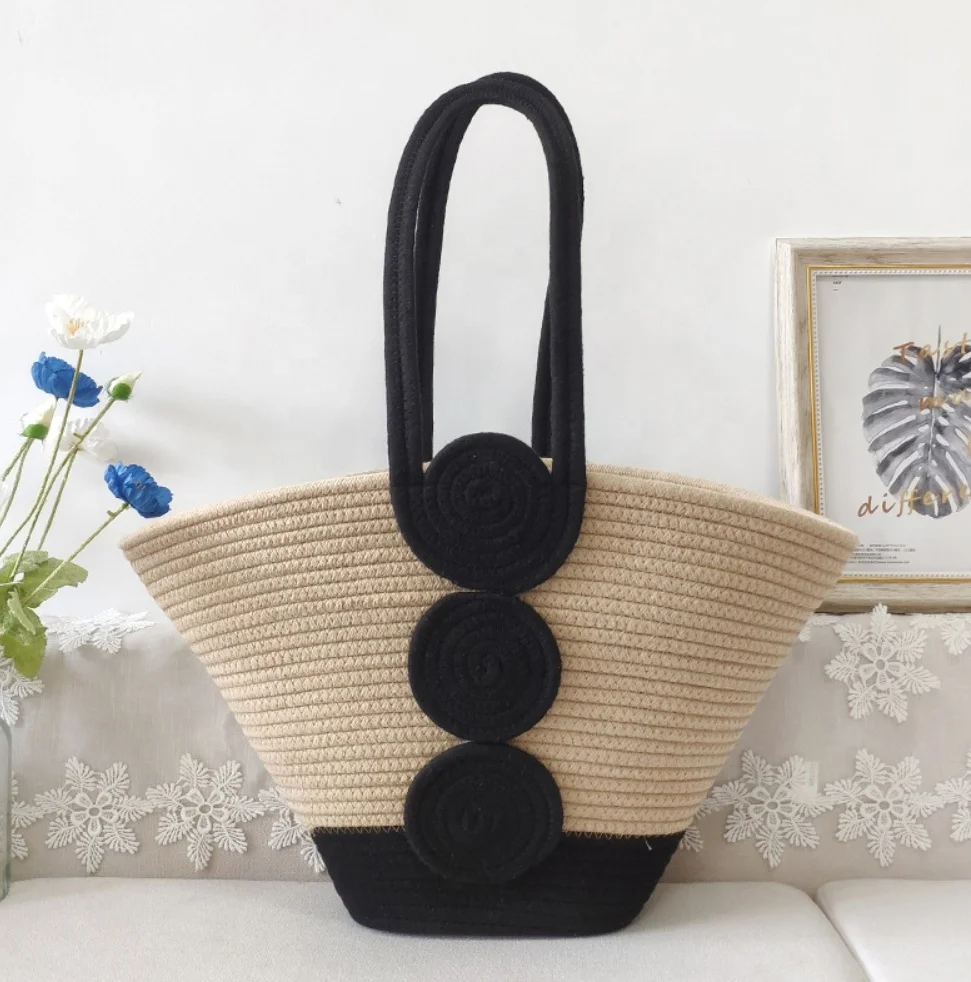 Wholesale New Woven Cotton Rope Crochet Bag Handle Straw Tote Bag Summer Portable Handmade Beach Bag with Carry Handles