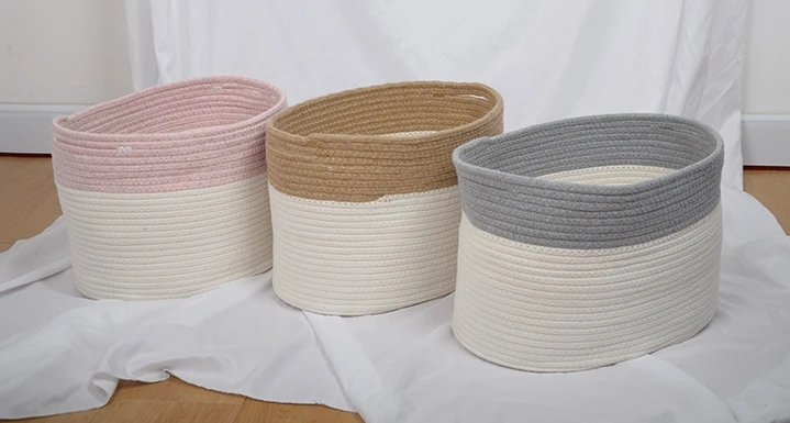 Custom Brand Round Toys Clothes Decorative Containers Hand Woven Cotton Rope Storage Laundry Basket With Leather Handles