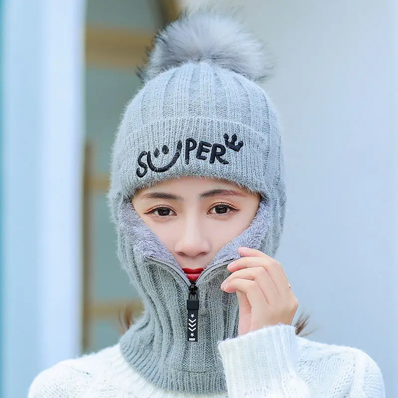 Women Winter Casual Ear Protection Wool Hat Thickened Fleece Warm Cycle Knitted Beanie Hat Sombreros De Invierno