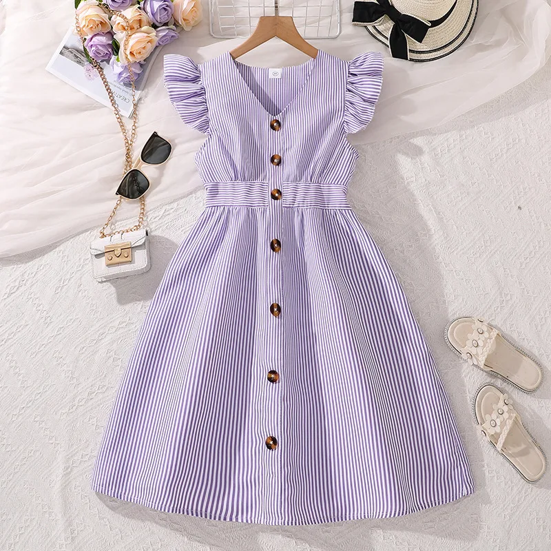 10-12 Years old Children Clothes 2024 Summer New Fashion Flying Sleeve Striped Princess Teenage Girls Dress