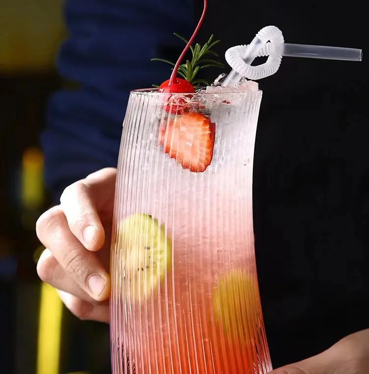 Household Vertical Lines Glass Juice Beverages Crescent-Shaped Transparent Cups