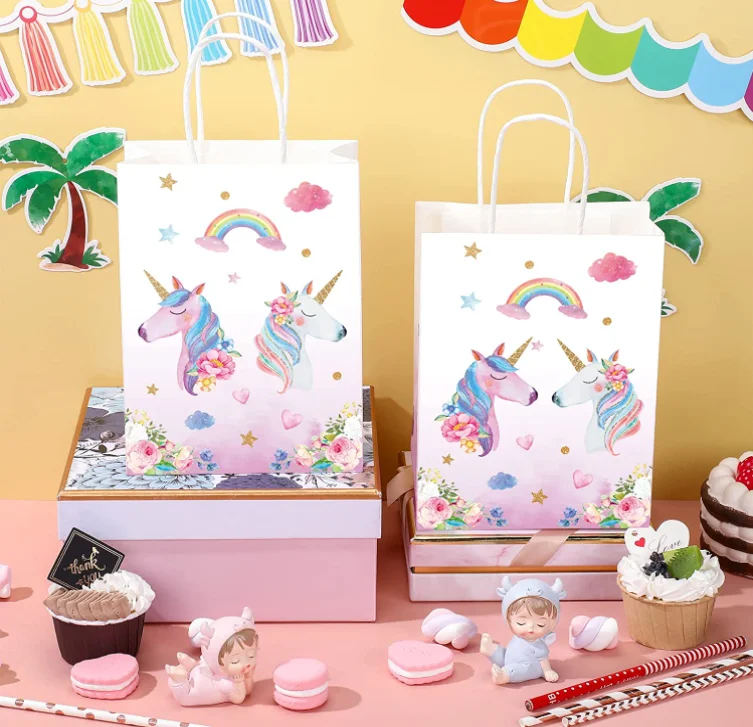 Bulk custom logo cartoon design baby shower birthday colorful foldable cute unicorn kraft paper bags with  handle