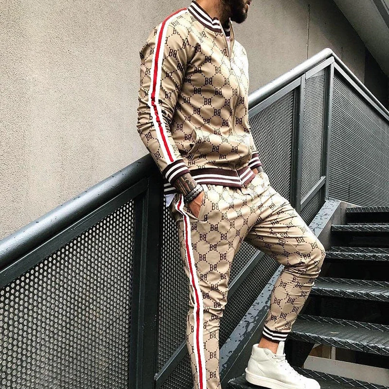 2021 fall fashion full body print jogging suits casual sportswear Polyester material men zipper jogging suit
