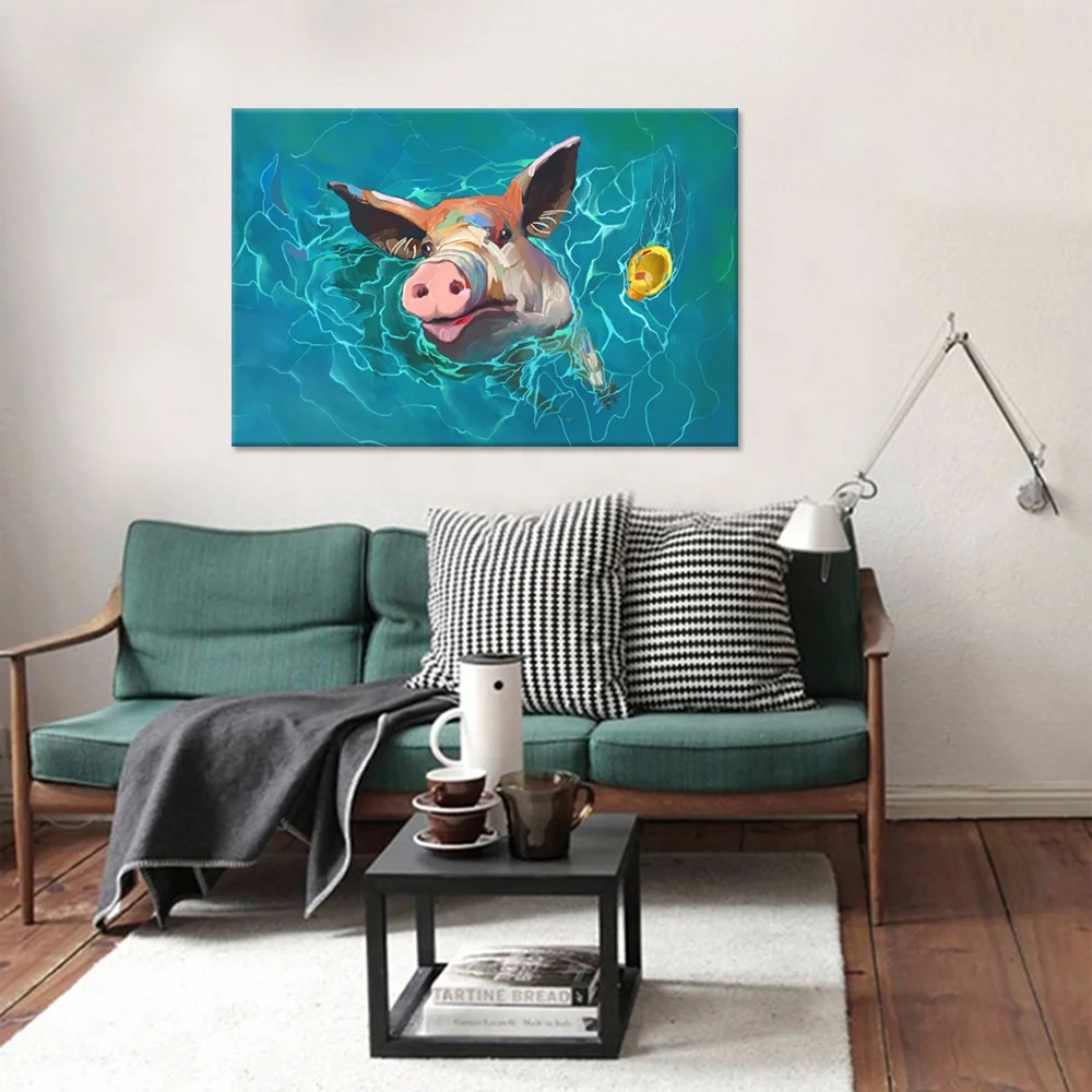 Large Blue Canvas Wall Art Funny Wild Pig Swimming Pig at Sea Abstract Animal Picture Painting on Canvas for Living Room
