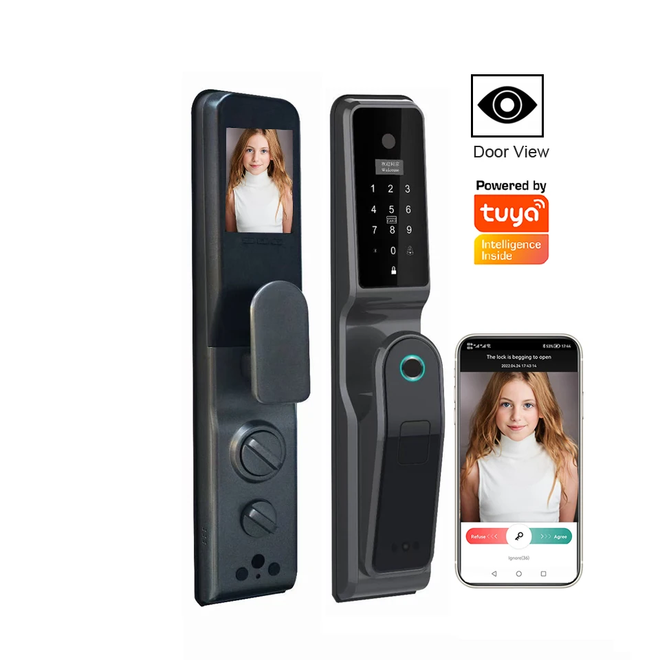 High Security 6068 Mortise Tuya Cat Eye Wifi Door Locks Digital Fingerprint Password Card Keyless Smart Lock with Camera