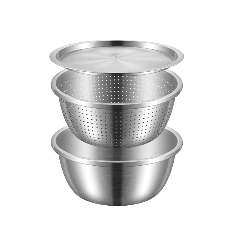 Customized 3 In 1 Food Grater Rice Sieve Vegetable Grater Slicing Basin Washing Colander Grater Stainless steel Mixing Bowls