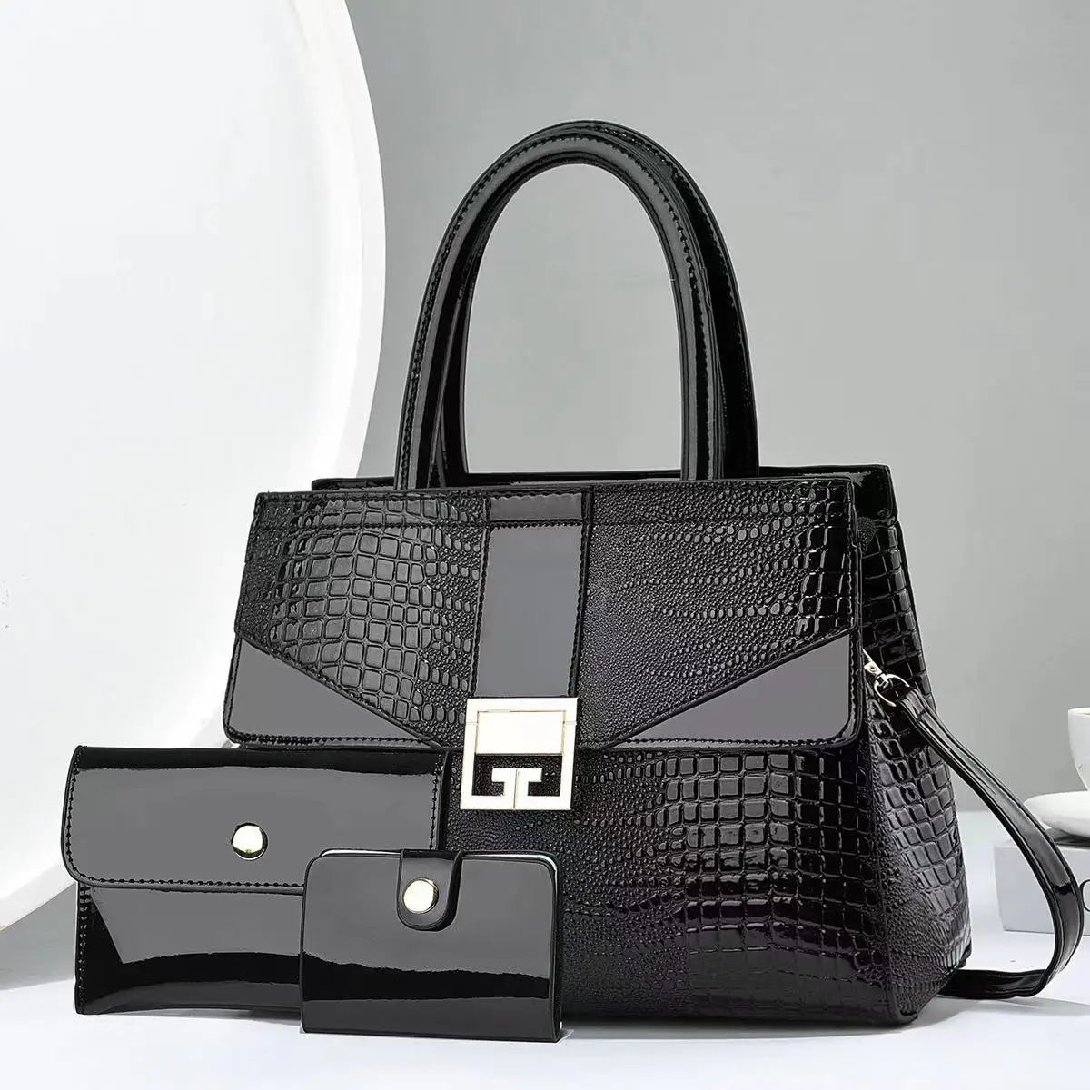 2Pieces Set/Hot Selling Classic Luxury Woman Handbags Shiny Lather Fashion Bags with Wallet European Style Large Purse