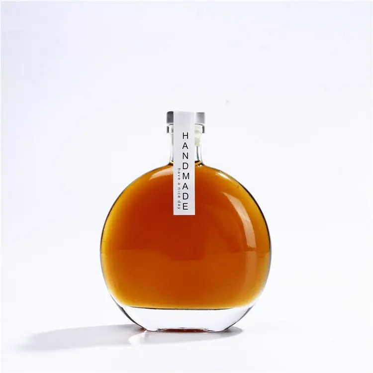 Vanjoin Liquor Glass Bottles Rum Tequila Rakija Mezcal Flat Round Shape 250ml 500ml Vodka Gin Glass Bottle With Cork Lid