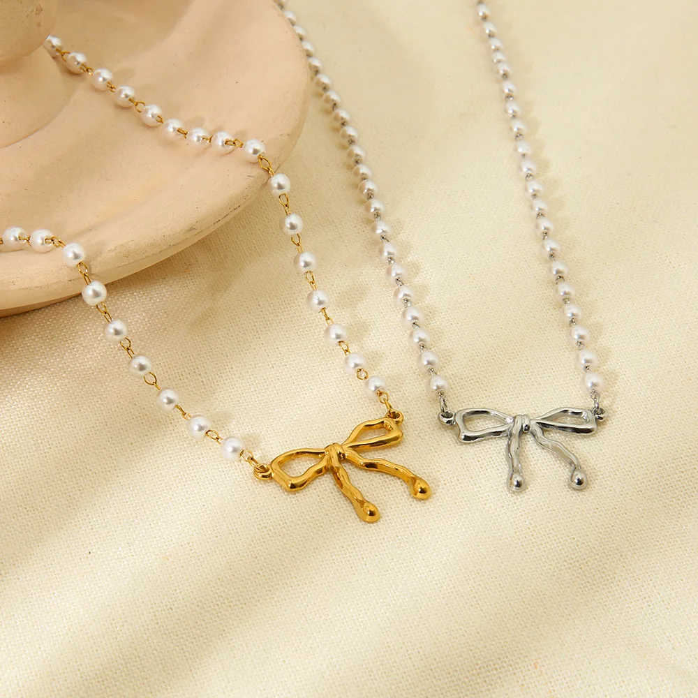 Nice Design Metal bowknot Charms Pearl Chain Ribbon Bow Pendant Necklace