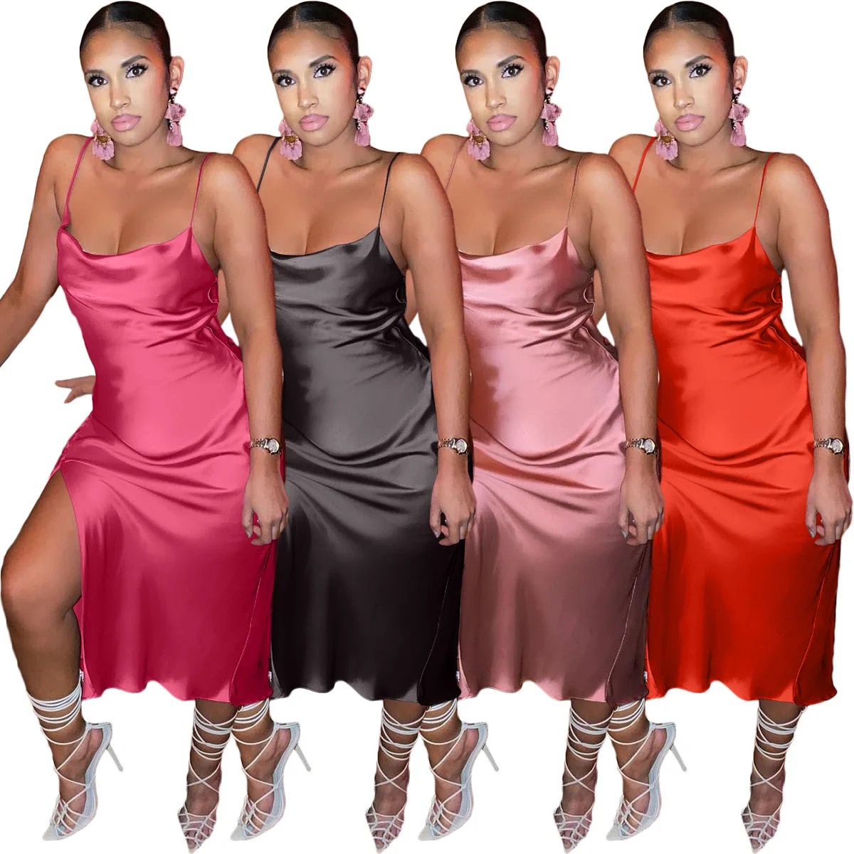 2021 summer neon satin Dress women bodycon backless Strap Midi Dress Slit Loose Elegant party sexy club clothes