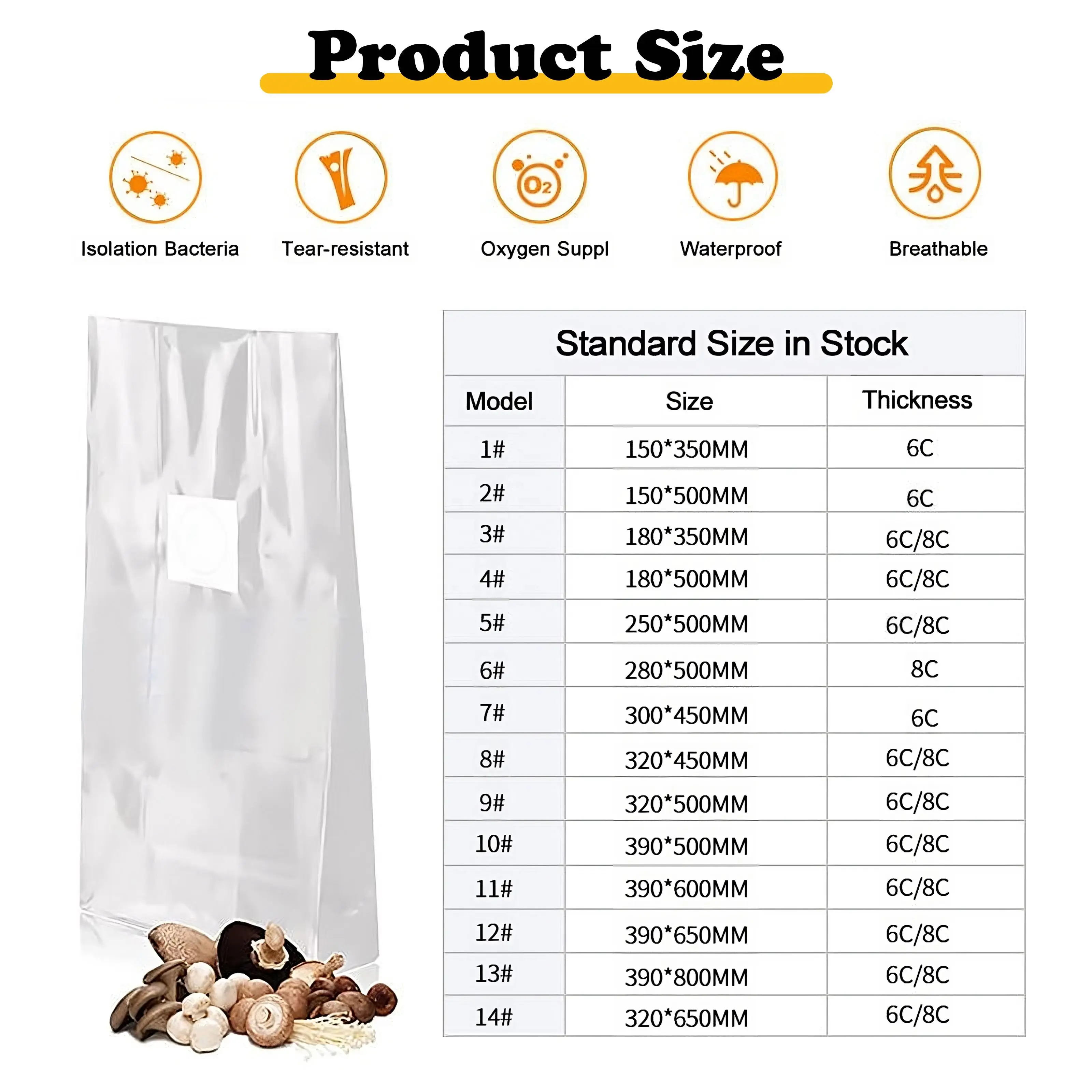 32*50cm/8*5*20inch, 60/80um Autoclavable PP Mushroom Bag Mushroom Grow Spawn Bag 0.2/0.5 Micron Filter with injection port