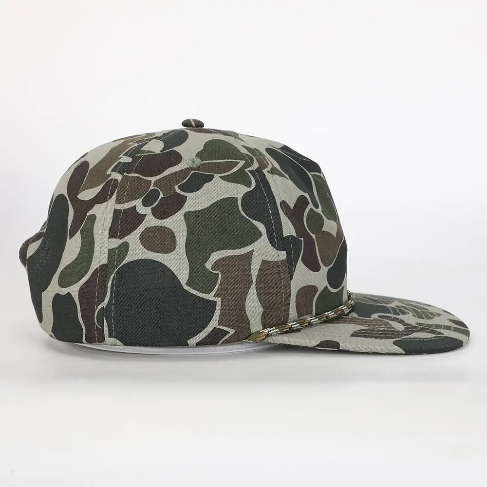 Oem Wholesale Custom High Quality Embroidery Logo 5 Panel Sport Flat Brim Hat Camo Cotton Sport Gorras Cap Rope Snapback Cap