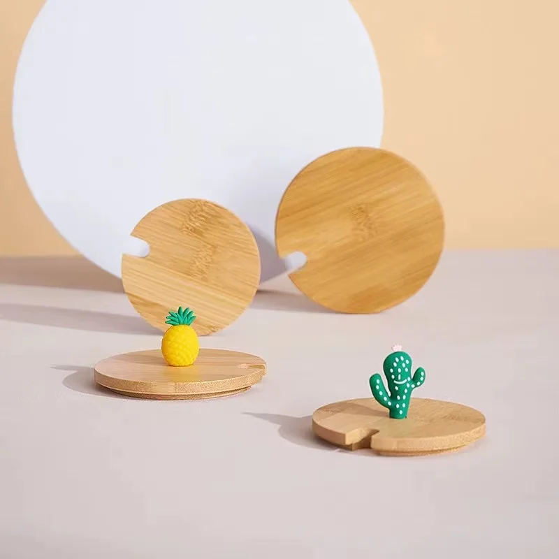 Top Selling Universal Popular Mug lid Mason Jar With Bamboo Lid Glass Ceramic Dust Cover Round Wood Lid With Cute image