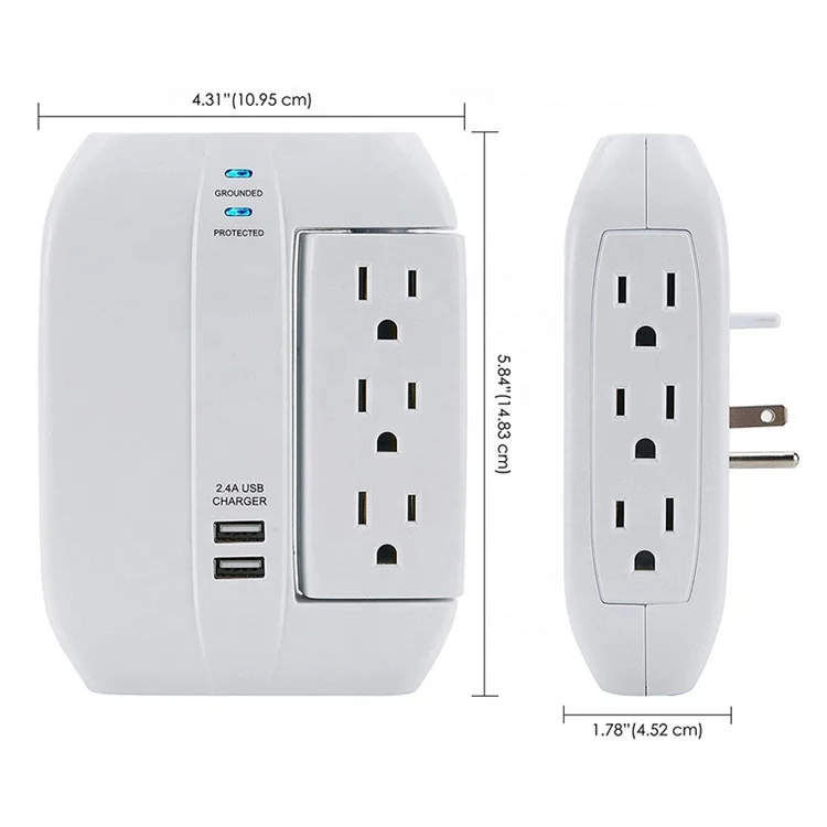 6 Outlet Swivel Space Saving 2 USB Port Surge Protector Wall Tap