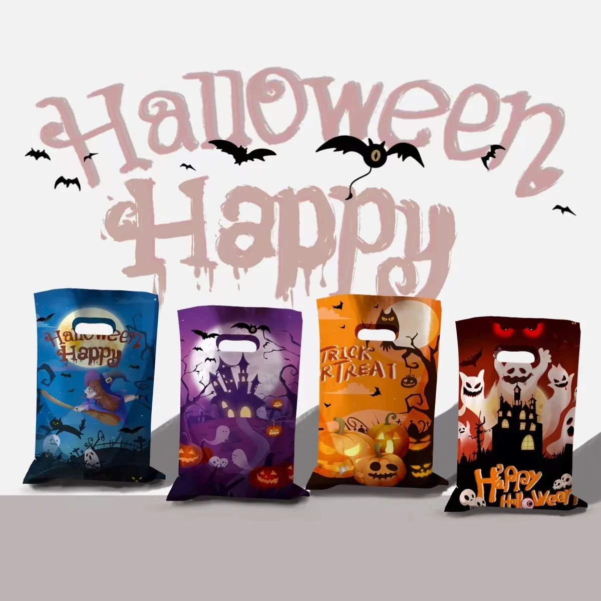Halloween Trick Or Treat Cookie Snack Bag Plastic Gift Wrapping Candy Bags Halloween Gifts Packaging With Handle Shopping Bag