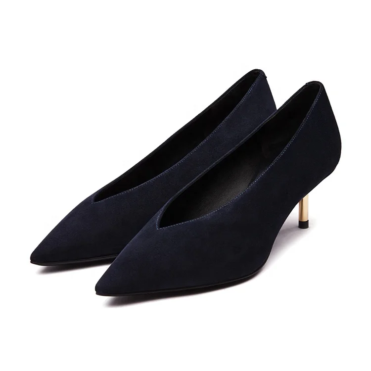 
Dark blue V shape shallow mouth suede leather ladies party pencil heel pointed toe shoes for women 
