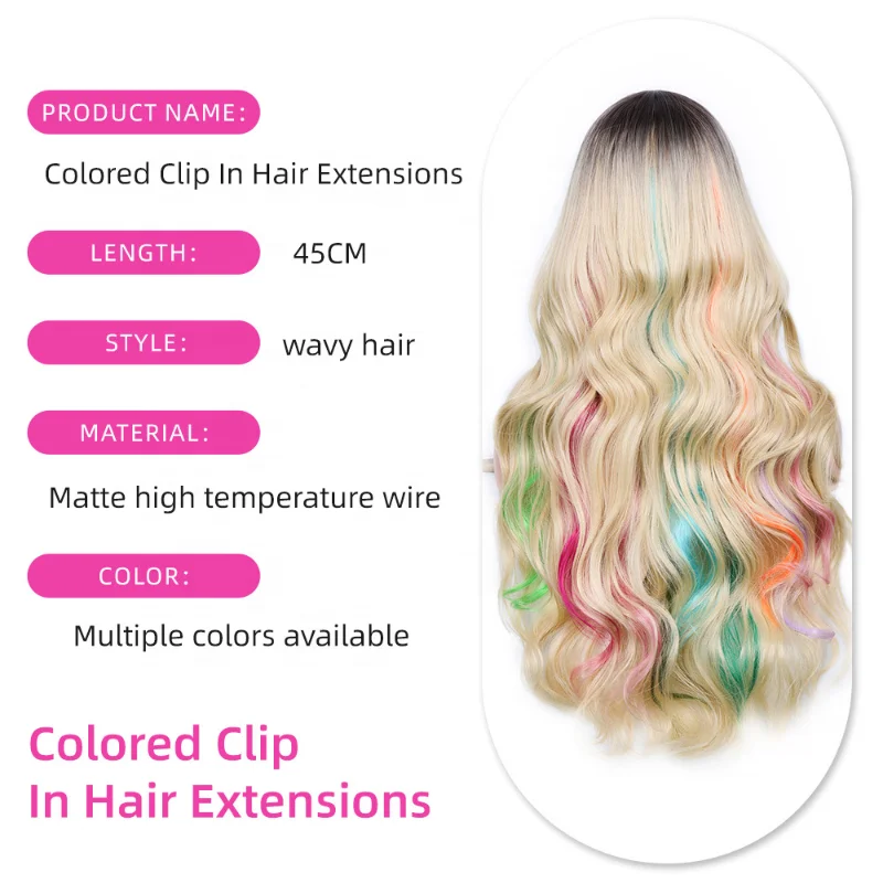 Wholesale Women Rainbow Color Synthetic Hair Extensions Hairpiece Clip in Colored Wave Curly