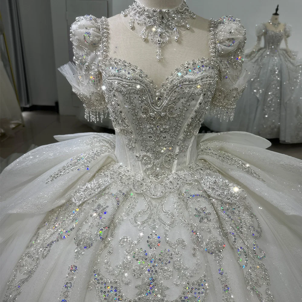 Elegant Wedding Dresses For Women Organza Ball Gown Short Sleeves Wedding Gowns Pearls Xs054
