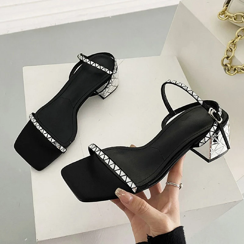Fashion Triangle Rivet Summer Sexy Square Open Toe Black Sandals Office & Career Decoration Mid Heel 35-40 Women Shoes Pumps