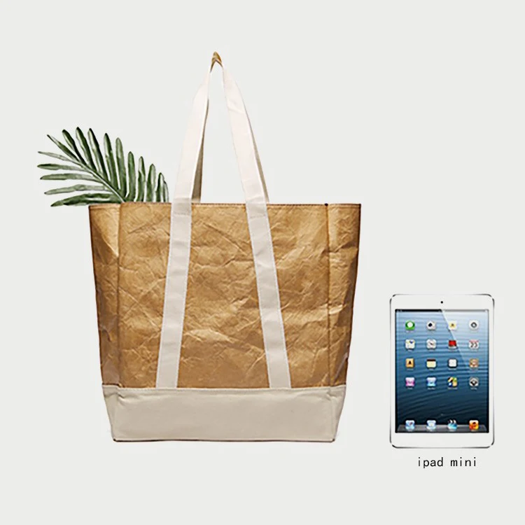 custom logo canvas handle kraft paper tote women shoulder shopping bag large contrasting color stitching tyvek kraft tote
