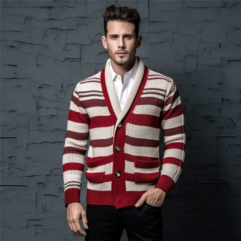 2024 OEM и ODM производитель одежды вязаный свитер новый дизайн мужской трикотаж полосатый хлопковый школьный кардиган свитер