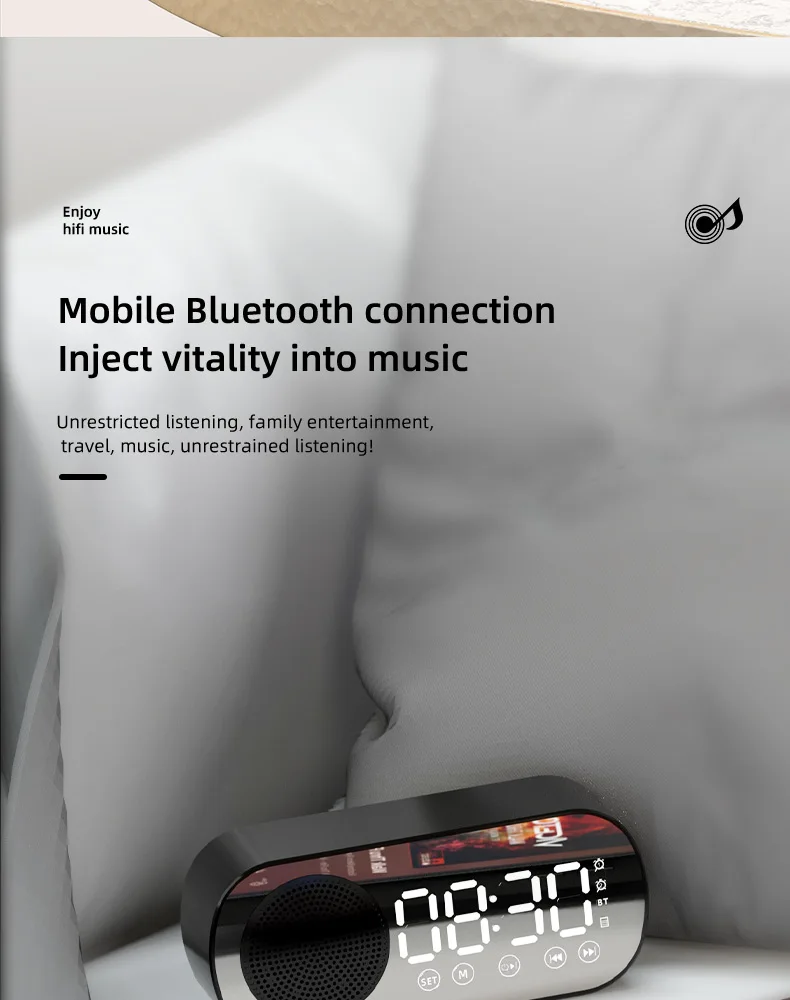 2022 New Product Alarm Clock With Mirror Digital Clock USB Charging Mini Portable Bluetooth Speaker