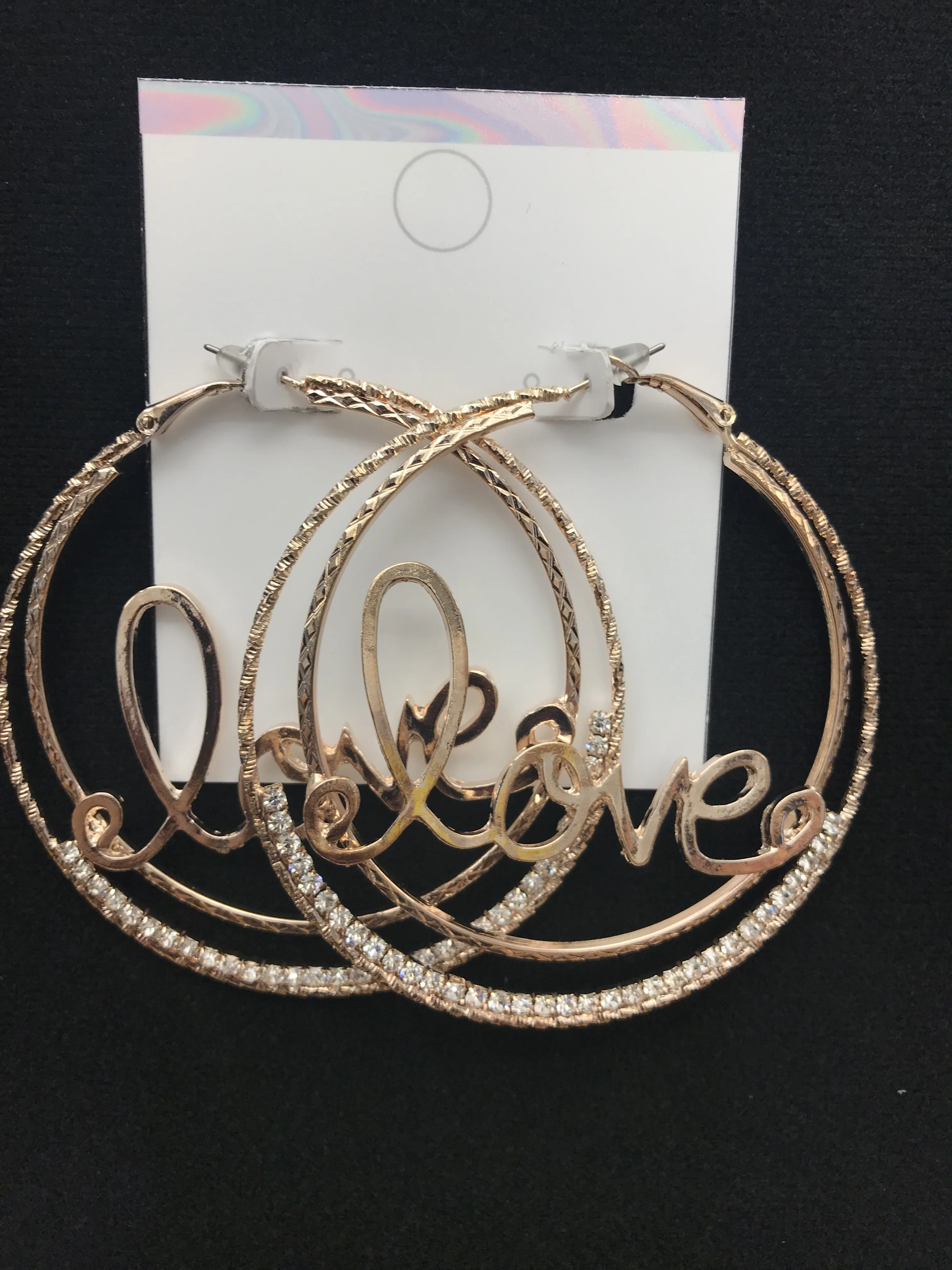 
nice design gold and rhodium plated Hoop Earring with Love and Stones for women 