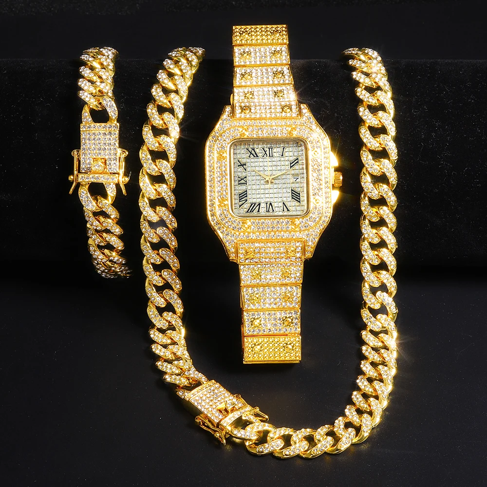 Men Hip hop Watch jewelry sets Iced Out watch for men Cuban Chain Necklace bracelet set Miami Cuban Chain Watches Christmas Gift