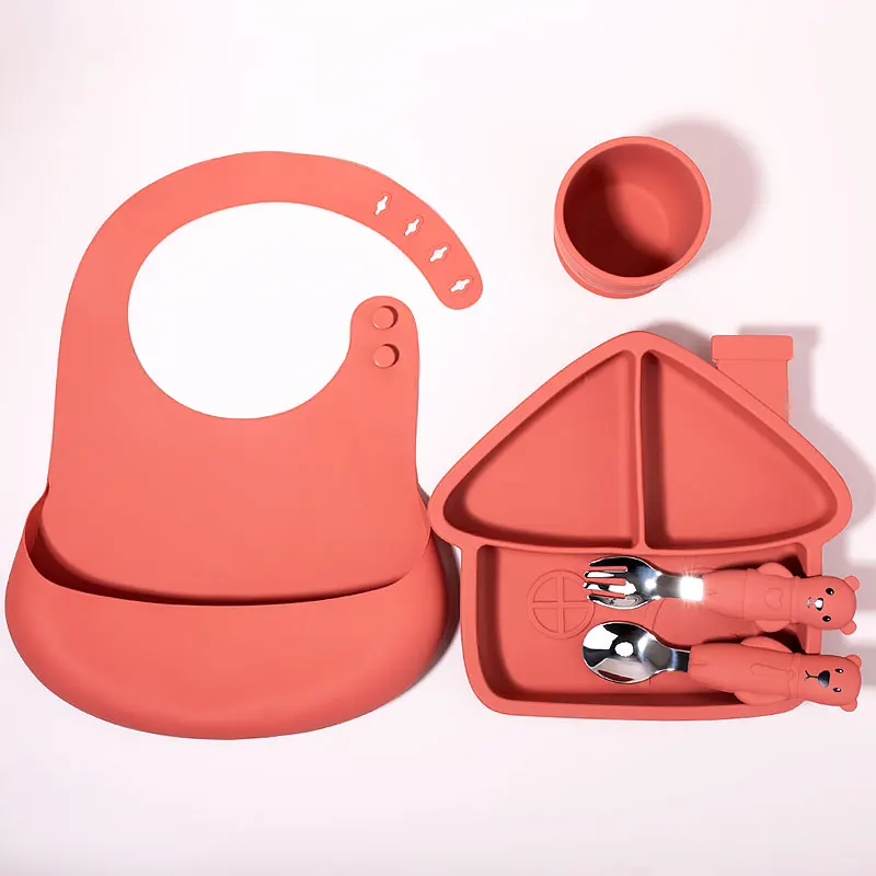 Wholesale in stock custom logo baby eating training soft spoon fork bowl bibs kids toddler tableware Silicone baby feeding set