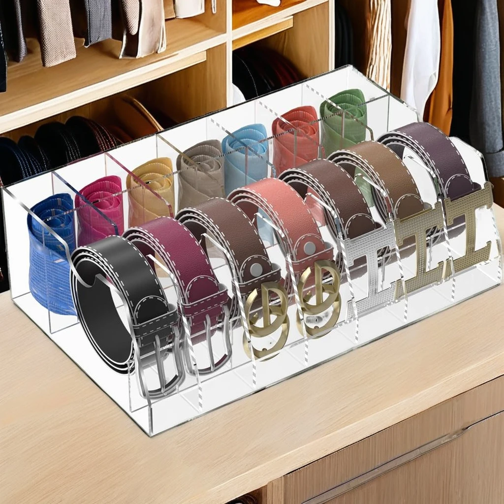 Large Acrylic Belt Organizer for Drawer 14 Compartment Neck Tie Box Storage Closet Tie Storage Holder