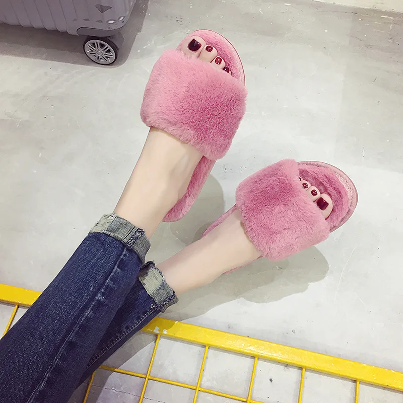 Wholesale Sublimation Blank Open Toe Fur Lined Slippers New Home Indoor Bedroom Women Faux Furry Fur Slides Slippers