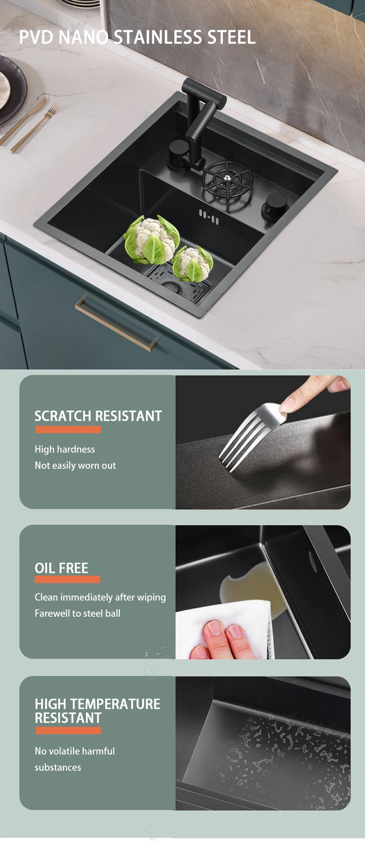 Invisible Flat Cover Single Bowl Modern Stainless Steel Luxury Kitchen Sinks Glass Rinser Built In Tea Bar Sink